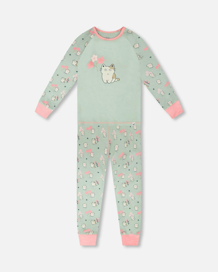 Organic Cotton Two-Piece Pyjama Set Green Kitten Print