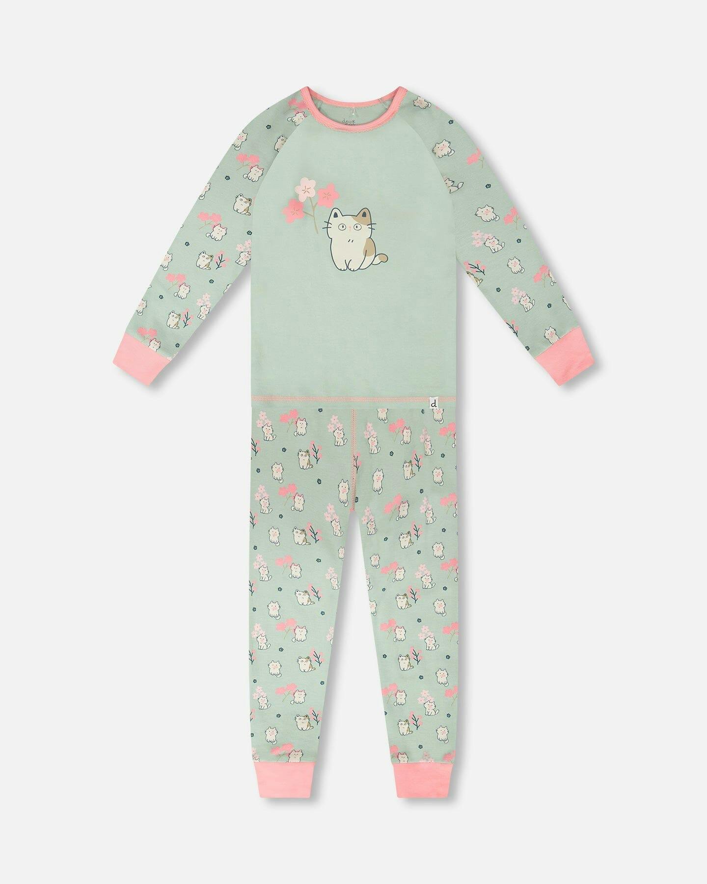 Organic Cotton Two-Piece Pyjama Set Green Kitten Print