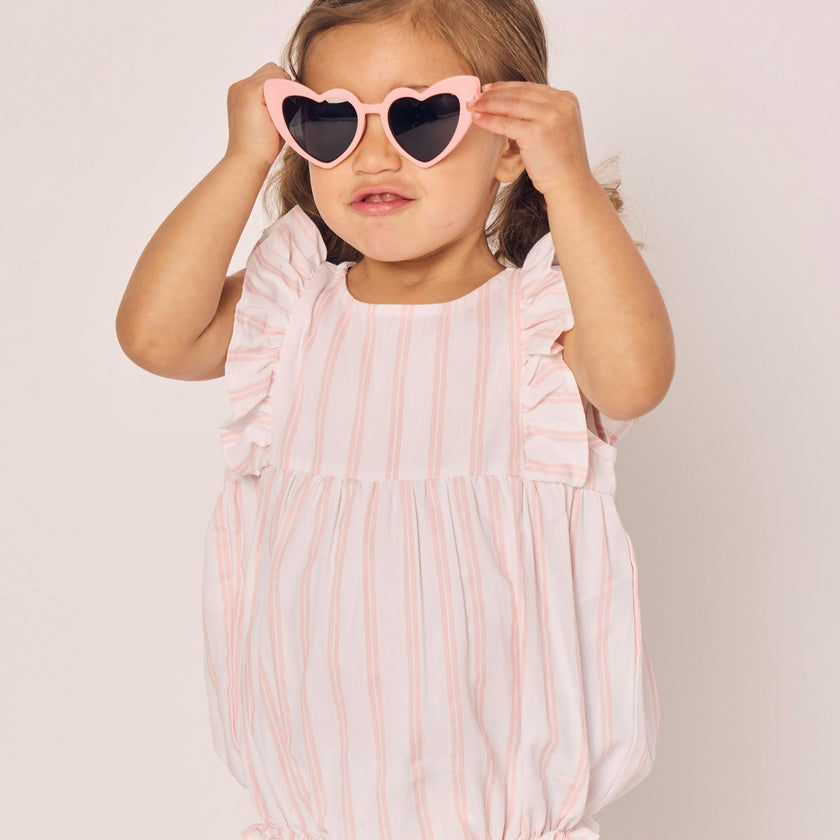 Baby's Twill Stripe Ruffled Romper in Pink and White Stripe