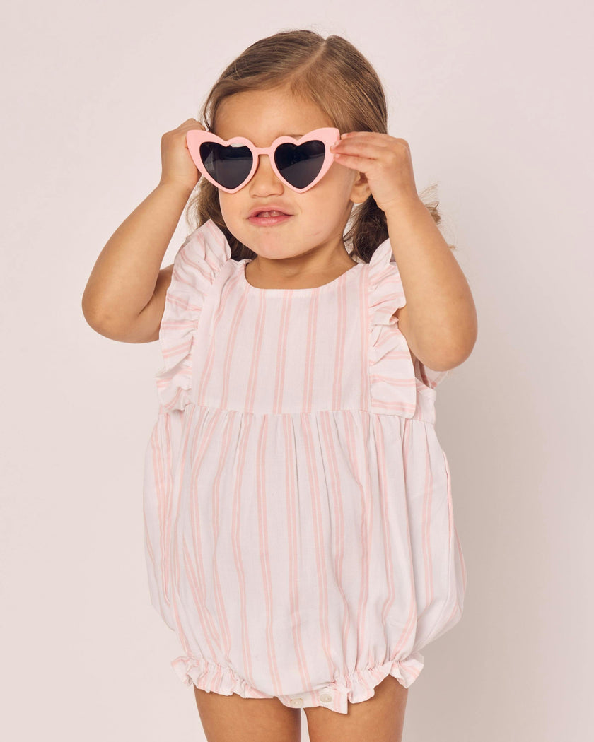 Baby's Twill Stripe Ruffled Romper in Pink and White Stripe
