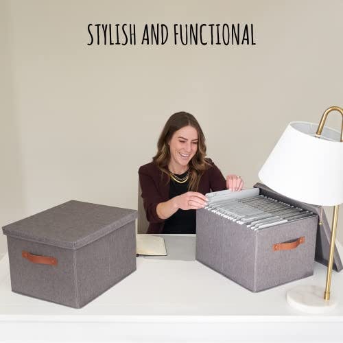 ZICOTO Decorative Ivory File Box Organizer Set of 2 - Collapsible Linen File Cabinet for Easy Folder Storage - Store All Your Documents and Folders in Style