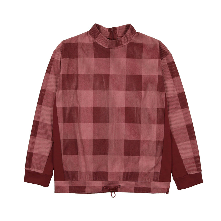 Corduroy Plaid Mao Collar Long Sleeve Toggle Top