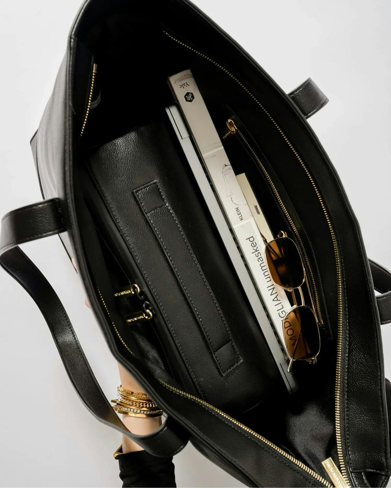 Vegan Leather Work Tote Bag with Removable Insulated Pouch, Black
