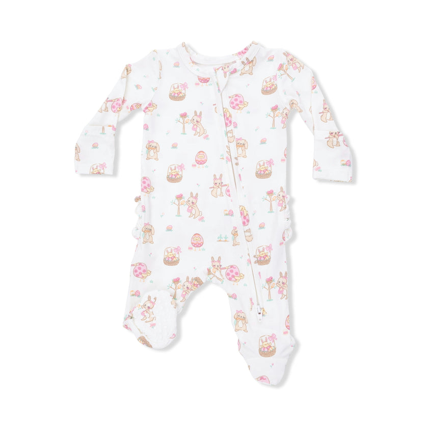 Easter Egg Hunt Pink - 2 Way Ruffle Back Zipper Footie