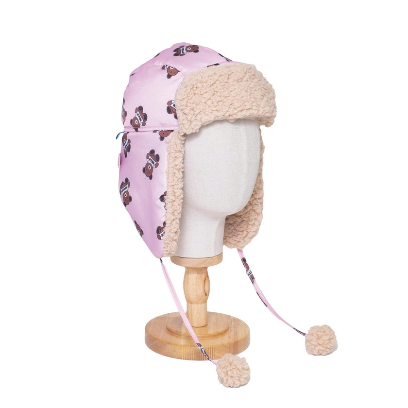 The Cozy Trapper Hat – Teddy Bears Print with Irish Cream Sherpa Liner & Pompoms