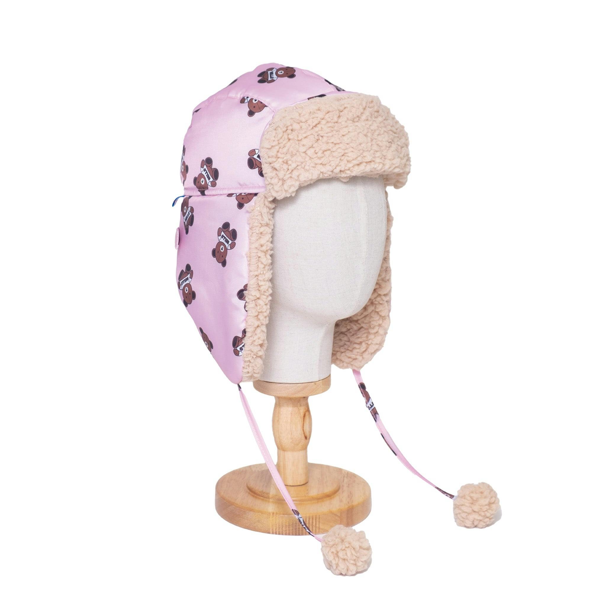 The Cozy Trapper Hat – Teddy Bears Print with Irish Cream Sherpa Liner & Pompoms