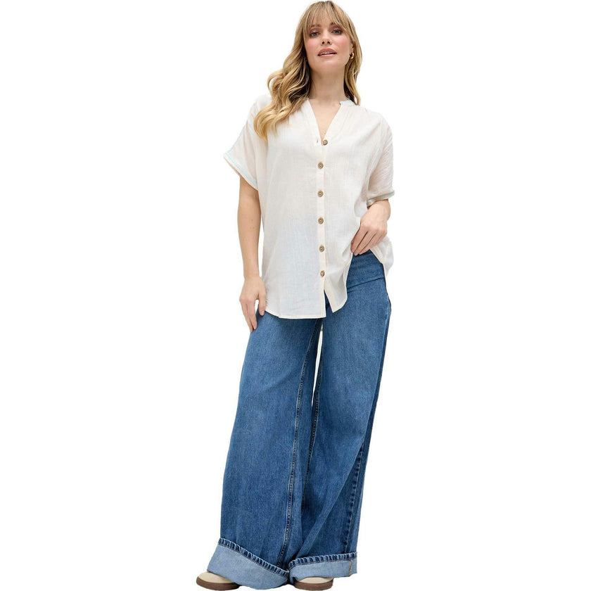 Juneeta Crop Sleeve Button Down Shirt