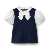 Bow Collar Puff Sleeve Top, navy blue
