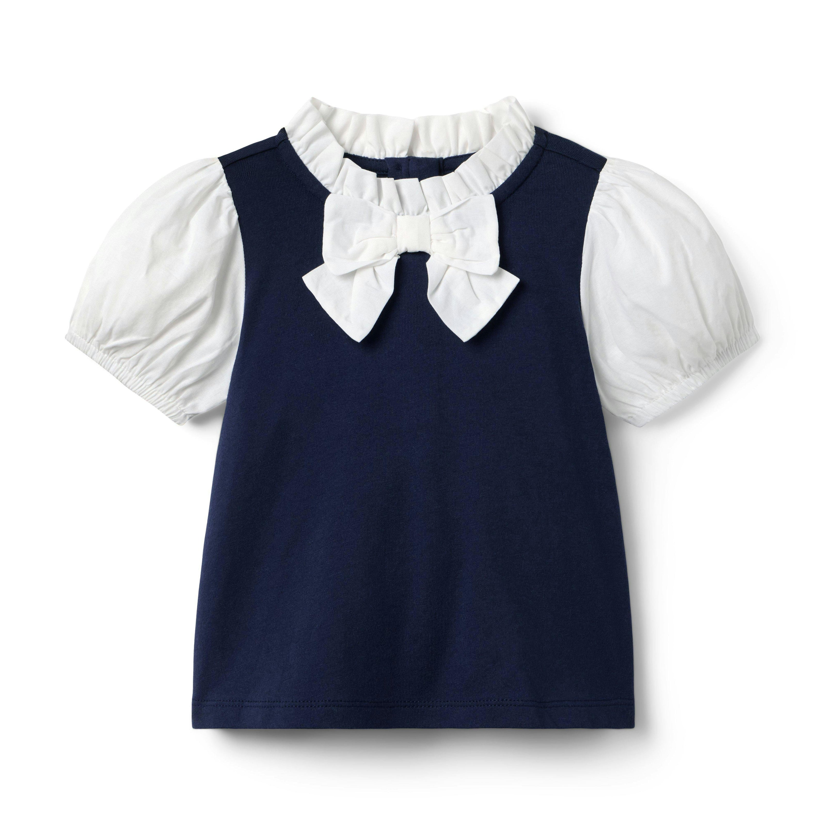 Bow Collar Puff Sleeve Top, navy blue