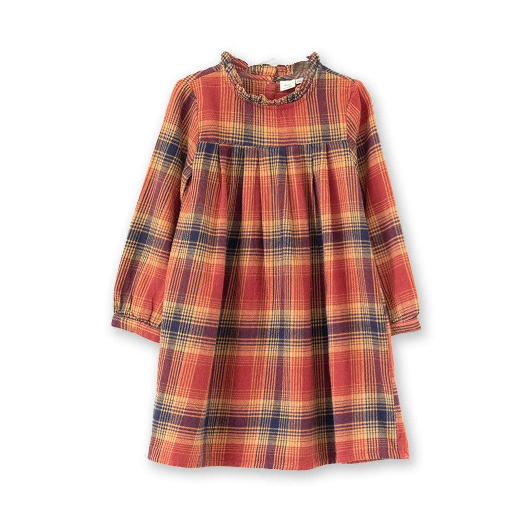 Girls' Long Sleeve Ruffle Neck Plaid Dress