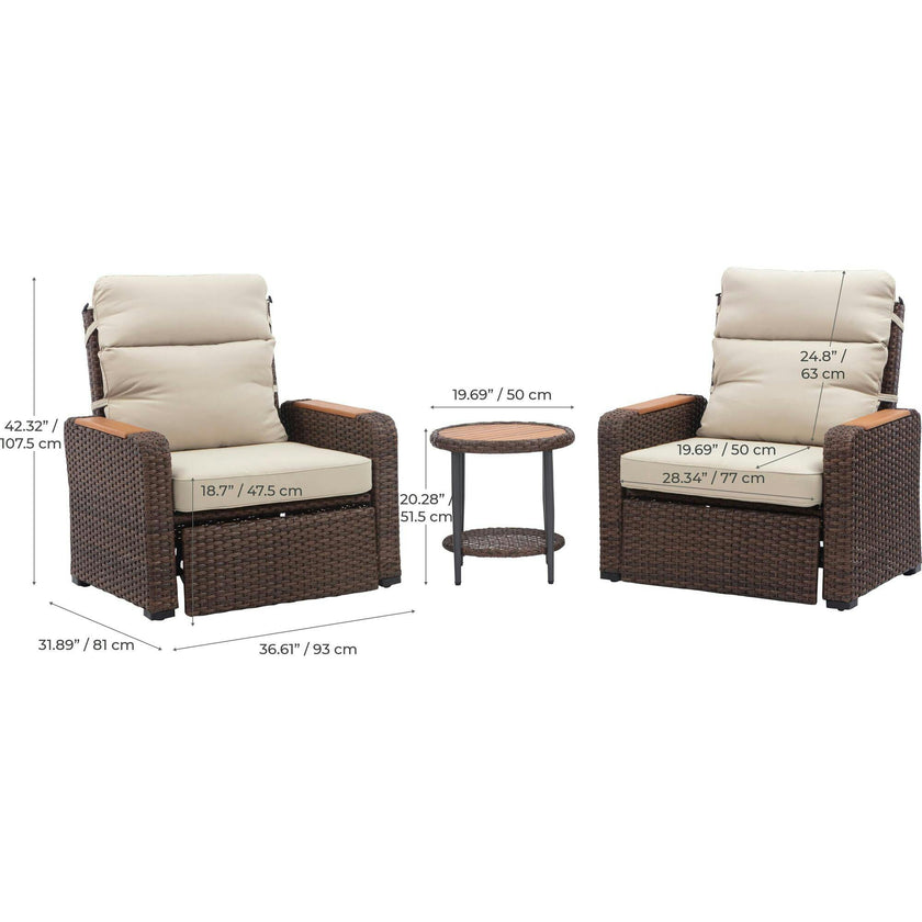 Teamson Home Outdoor Seating  Wicker Frame & Wood Armrests Recliner Set in Warm Brown