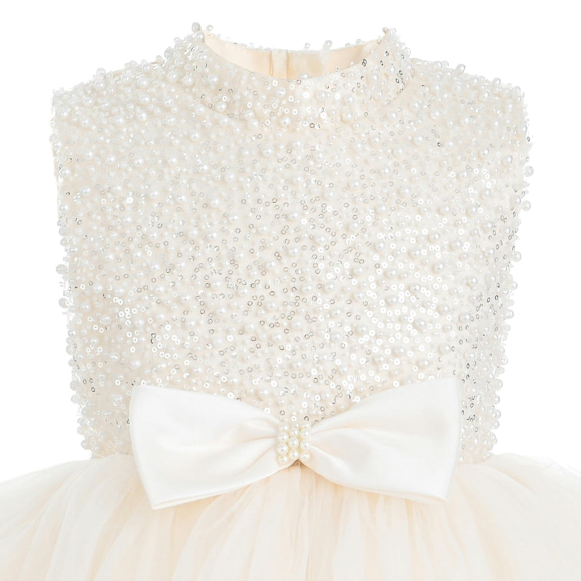Cream Ariette Pearl Bow Tulle Dress