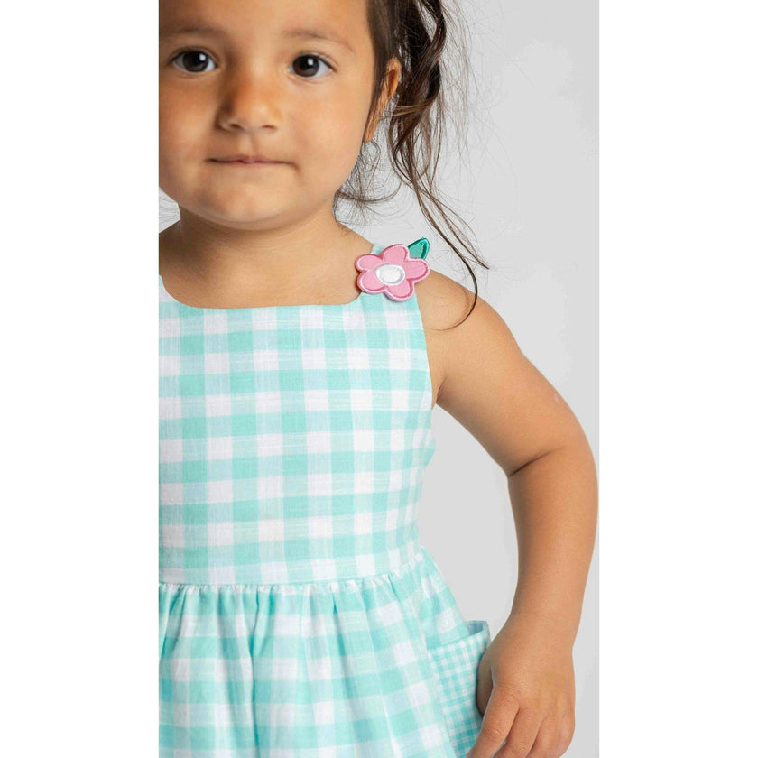 Gingham Linen-Look Dress With Flowers