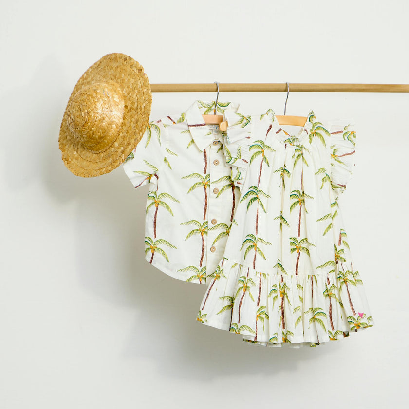 Girls Harper Dress - Cream Palm Trees