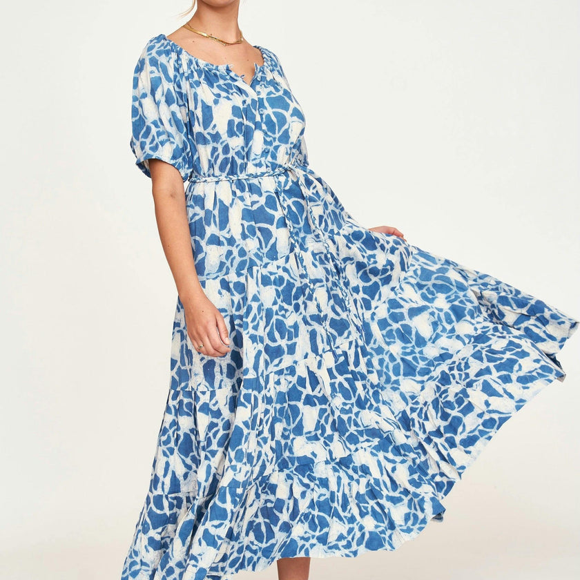 Women's Capri Elastic Bubble Sleeve Tiered Maxi Dress, Blue