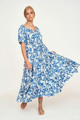 Women's Capri Elastic Bubble Sleeve Tiered Maxi Dress, Blue