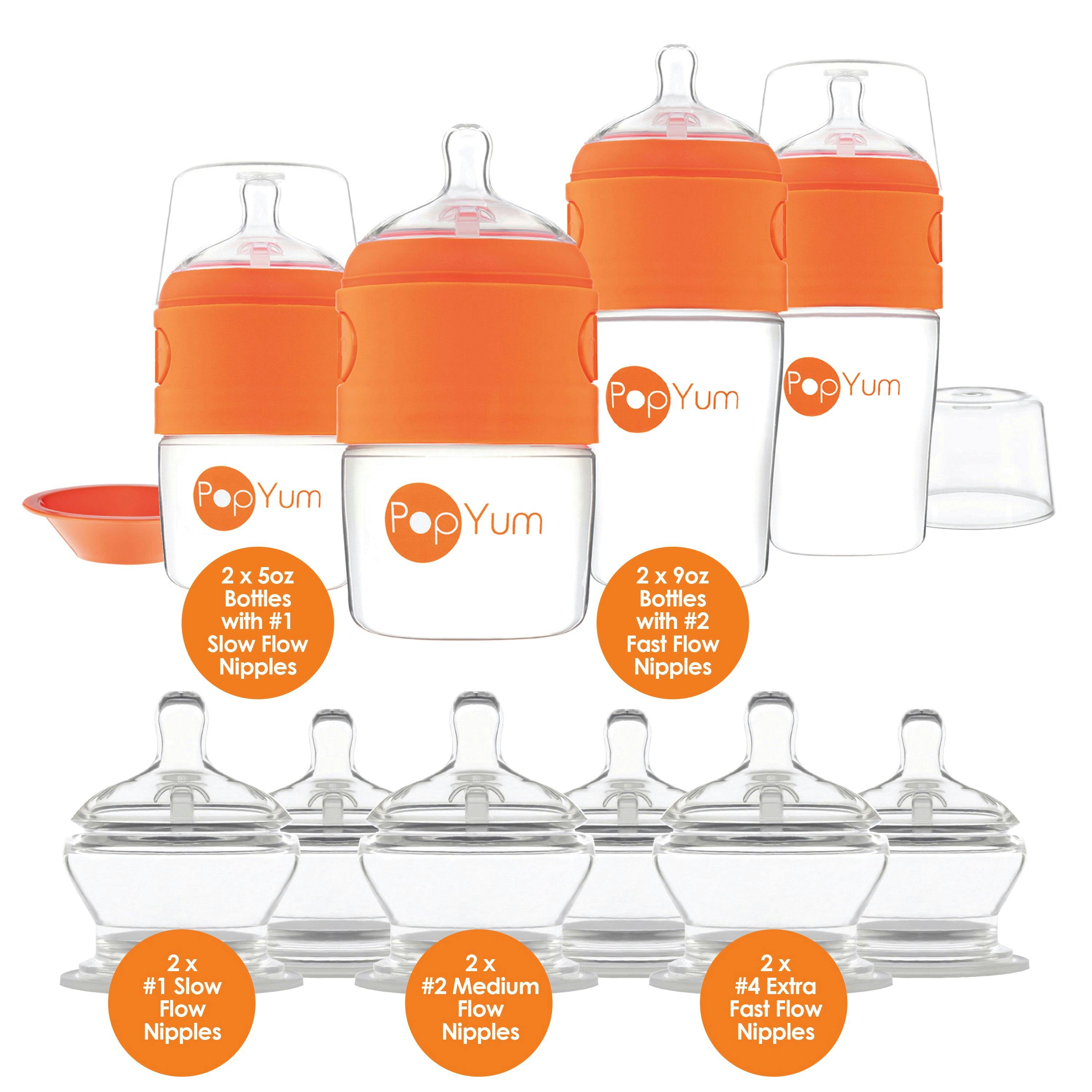PopYum Orange 10 Piece Bundle: Bottle Set + 3 Nipple 2-Packs