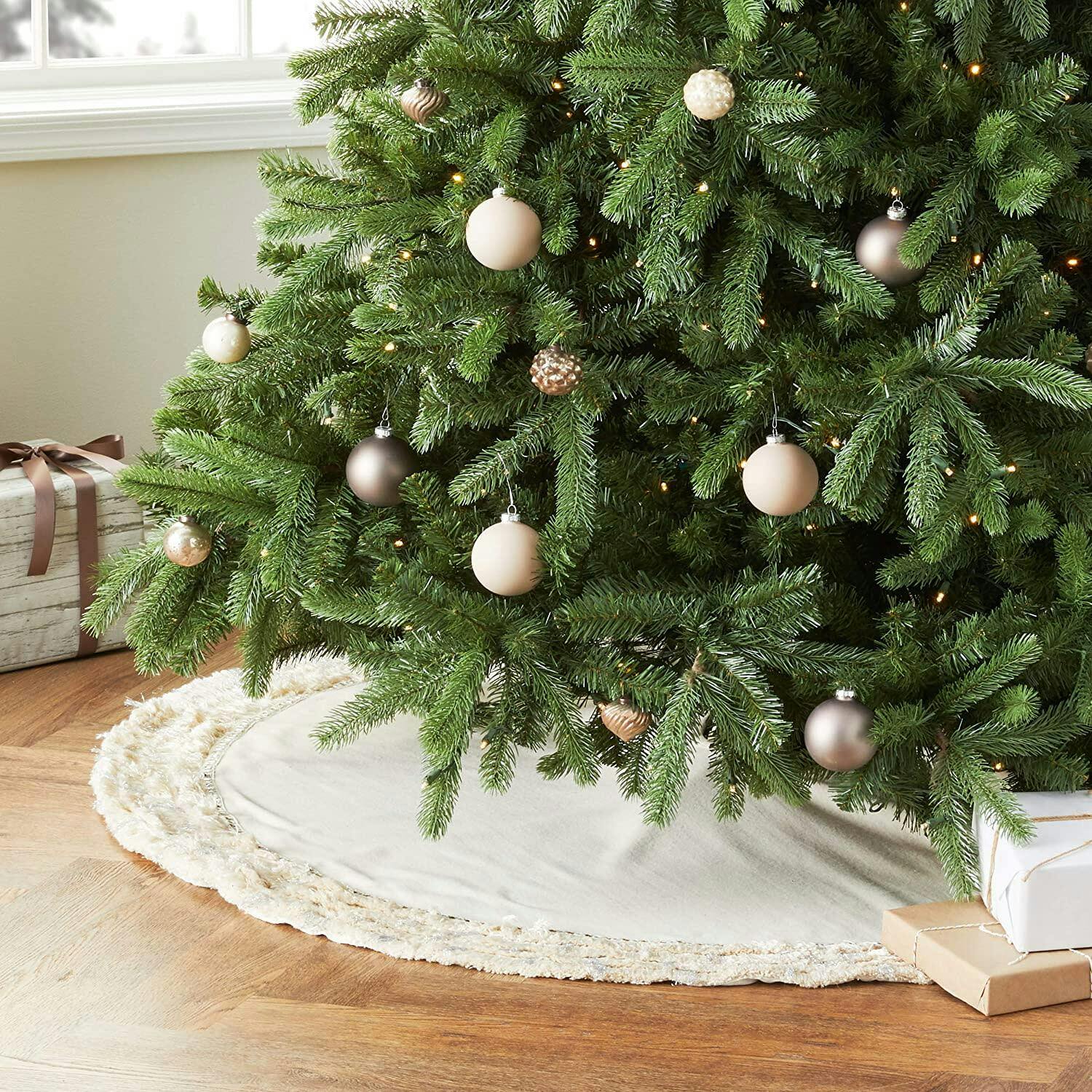 Handmade Christmas Tree Skirt in Recycled Wool - Cream with Fringe Border - 60