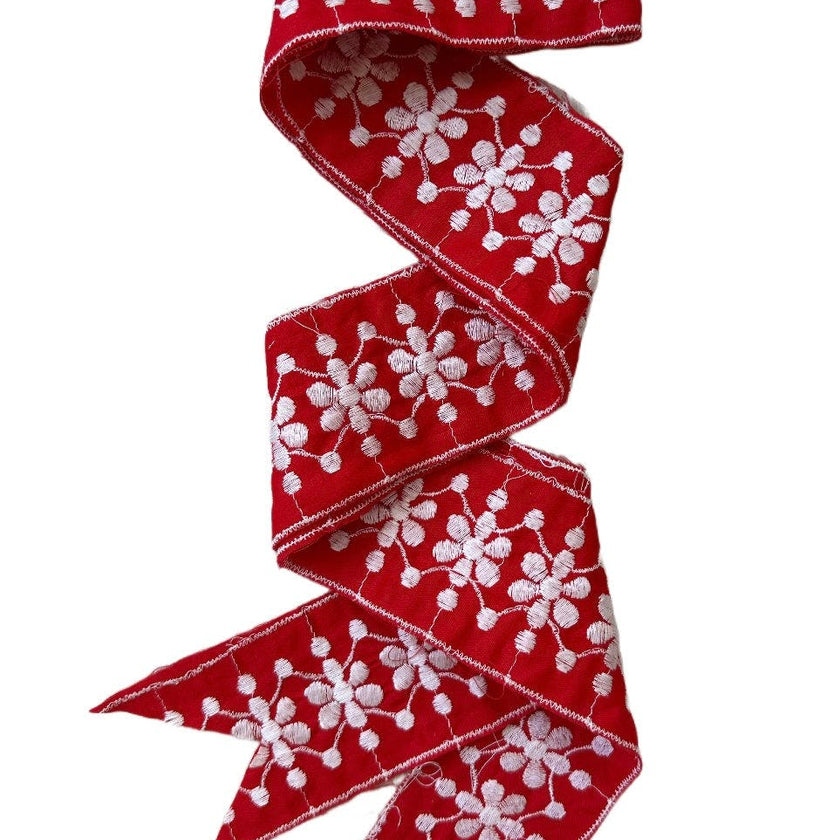 Hollyhock Sun Hat - Vintage Red and White Embroidered Ribbon