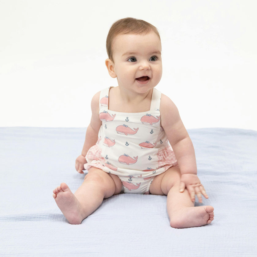 Bubbly Whale with Bow  Pink - Ruffle Sunsuit