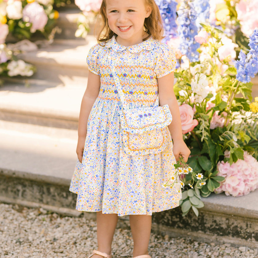 Ondine Floral Blue Short Puff Smocked Dress