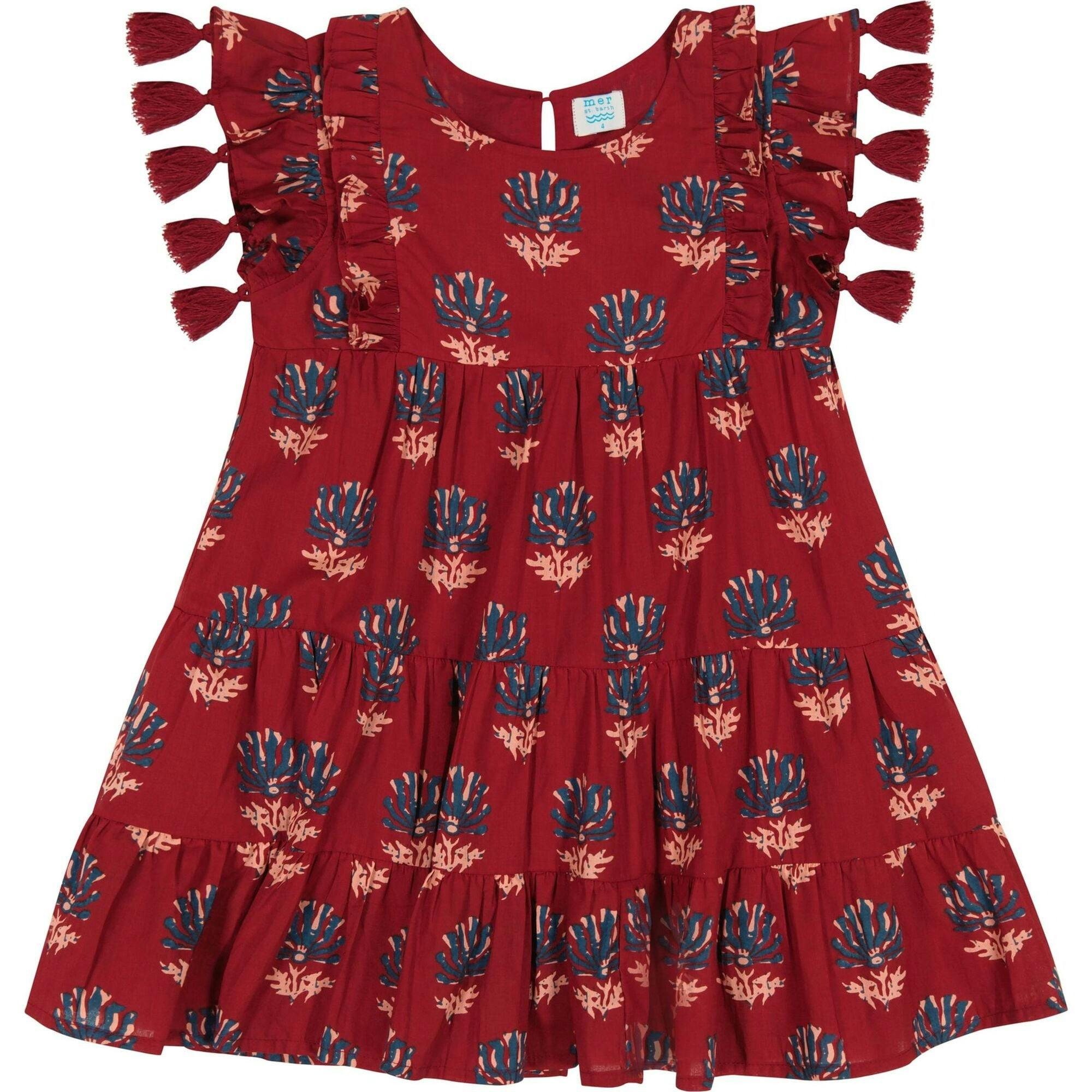 Sophie Floral Print Double Layer Tassel Dress, Red