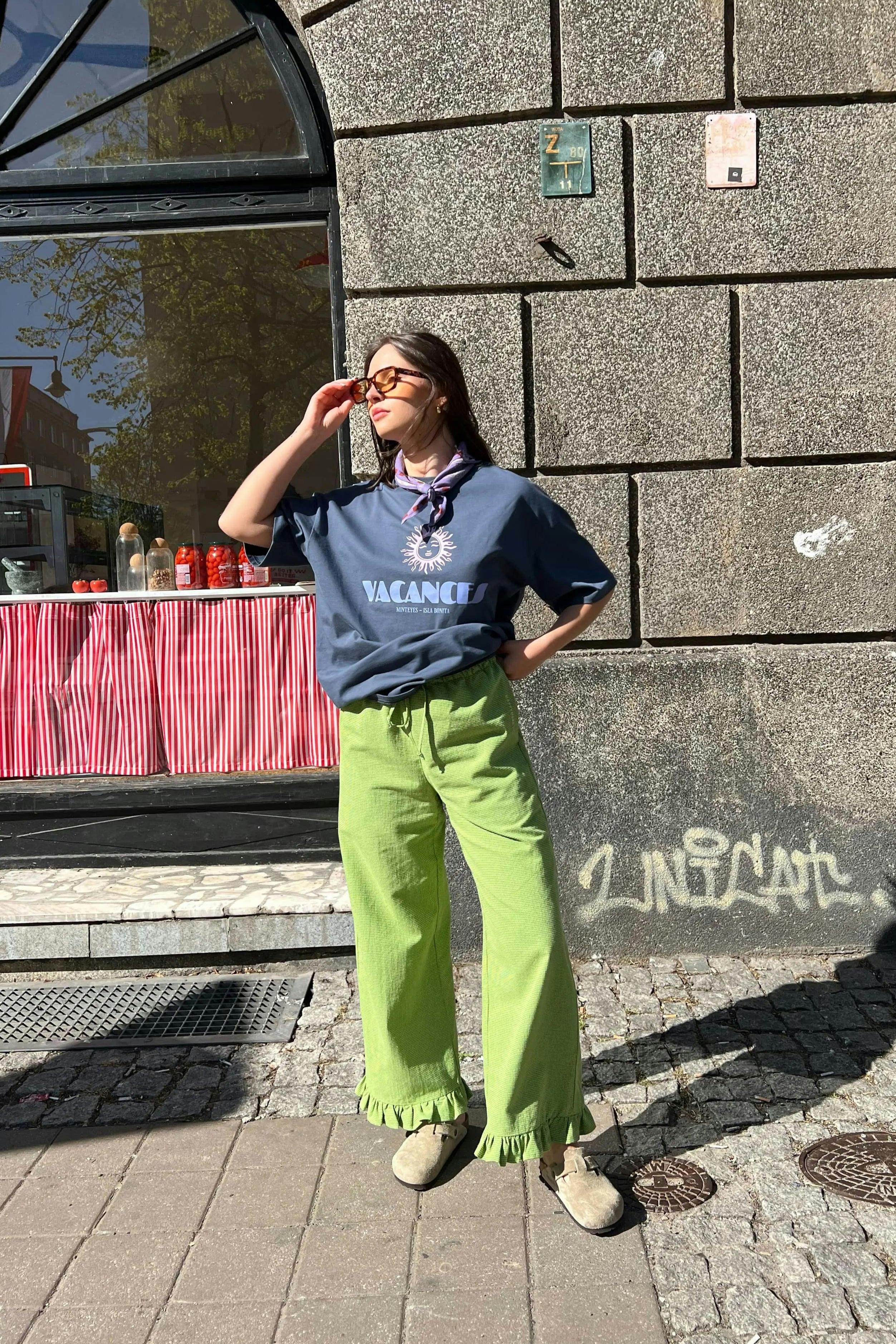 women's vichy frilled pants - matcha green