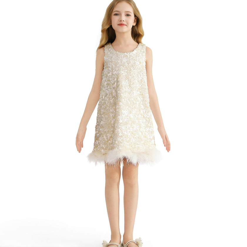 Ivory Sequin Feather Dress