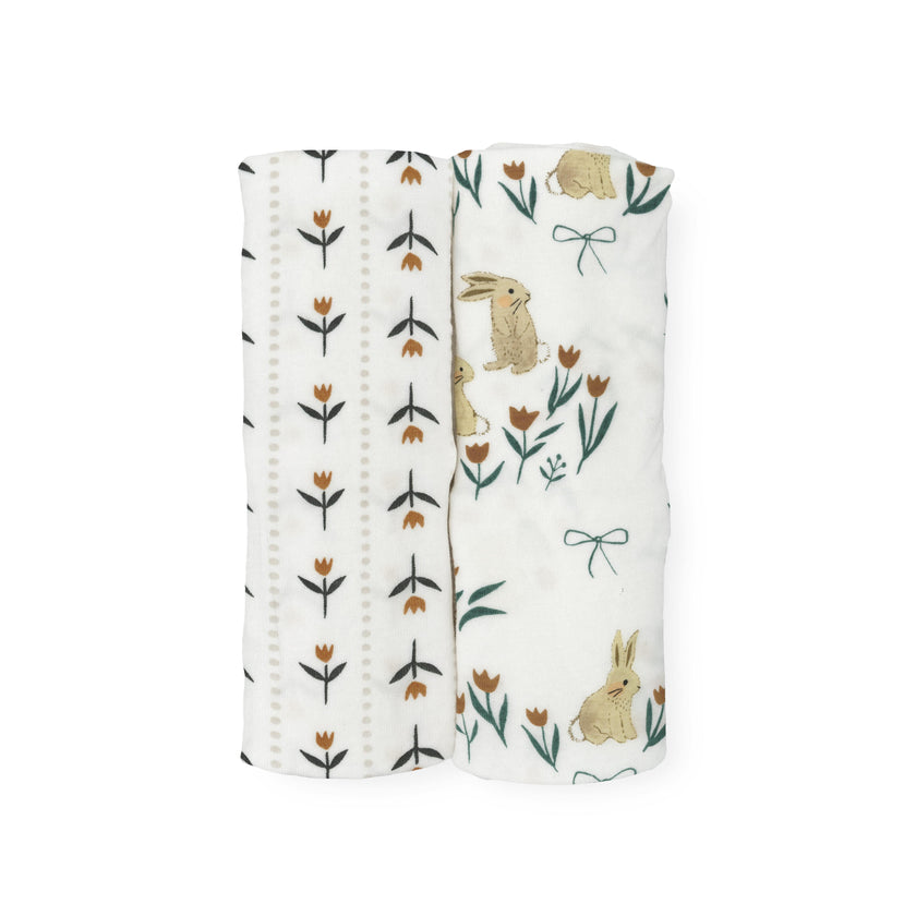 Stretch Knit Swaddle Blanket 2 Pack - Bunnies and Tulips