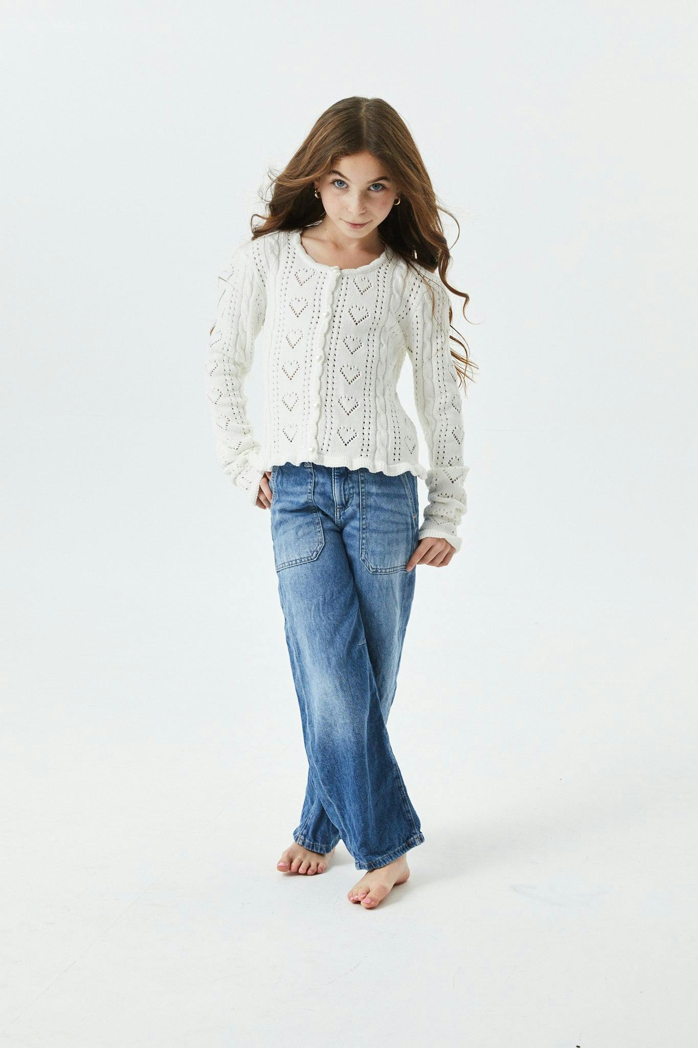 Ayla Creamy White Pointelle Knit Hearts Cardigan