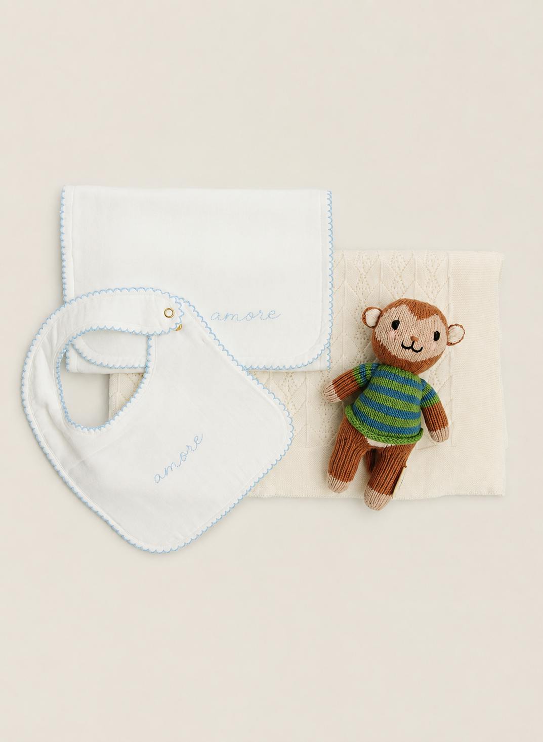 Baby Gift Set: Ivory Wonder Blanket, Love Language Bib and Burp Cloth and Marlow the Monkey Knit Doll