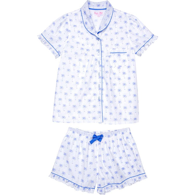 Women's Blue Palm Tree Short PJ Set - Organic Cotton Poplin