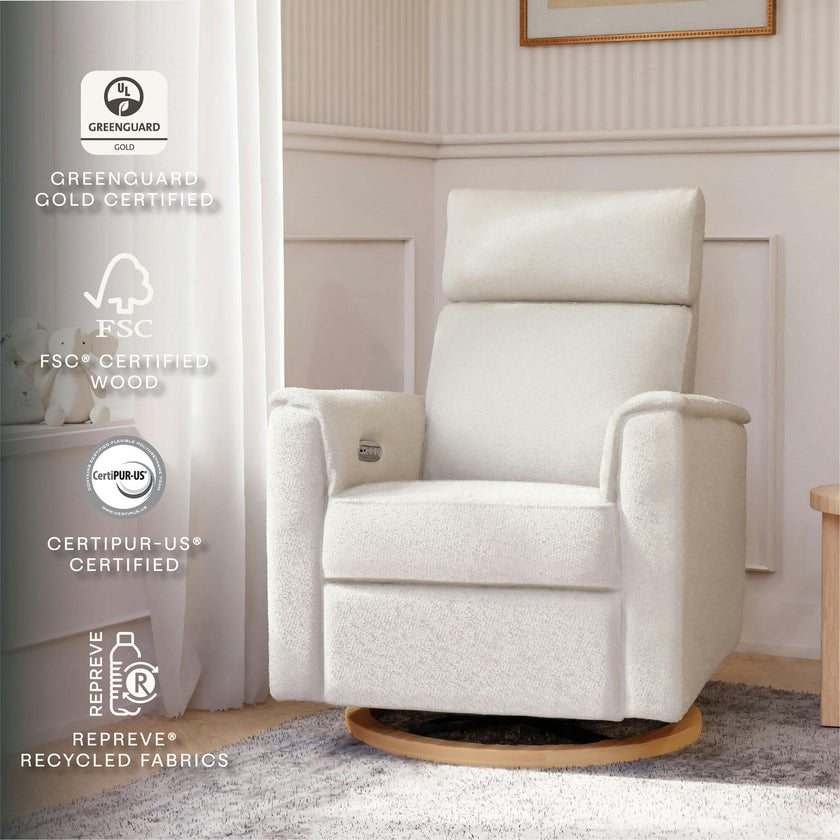 Willa Plus Power Glider Recliner W/ Power Headrest In Ivory Boucle With Light Wood Base