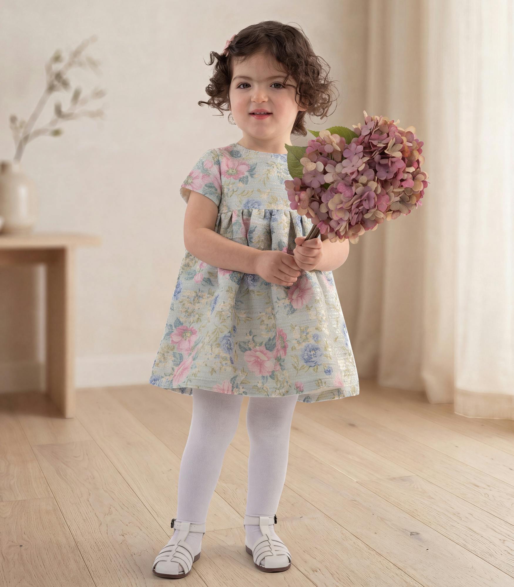 Cecille Baby Dress, French Jacquard - Green Pink Flower