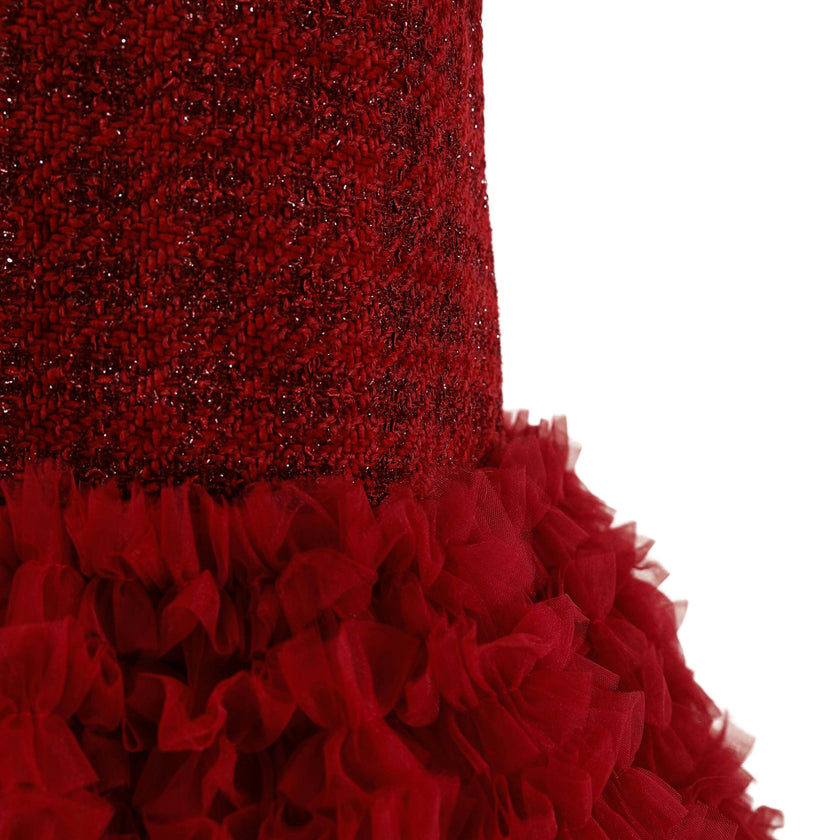 Red Tweed & Tulle Ruffle Dress