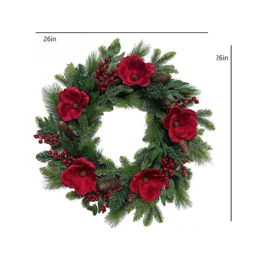 26" Red Magnolia, Pinecone & Berry Wreath Pre-Lit