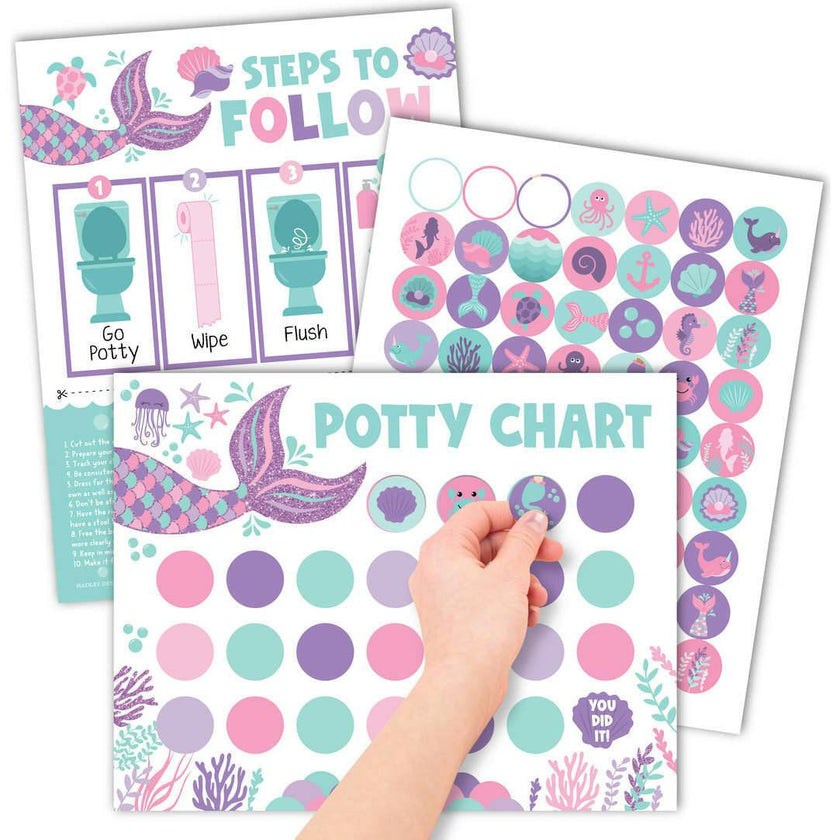 10-Piece Mermaid Potty Training Charts & 6-Piece Under the Sea Bathroom Wall Art Decor Prints
