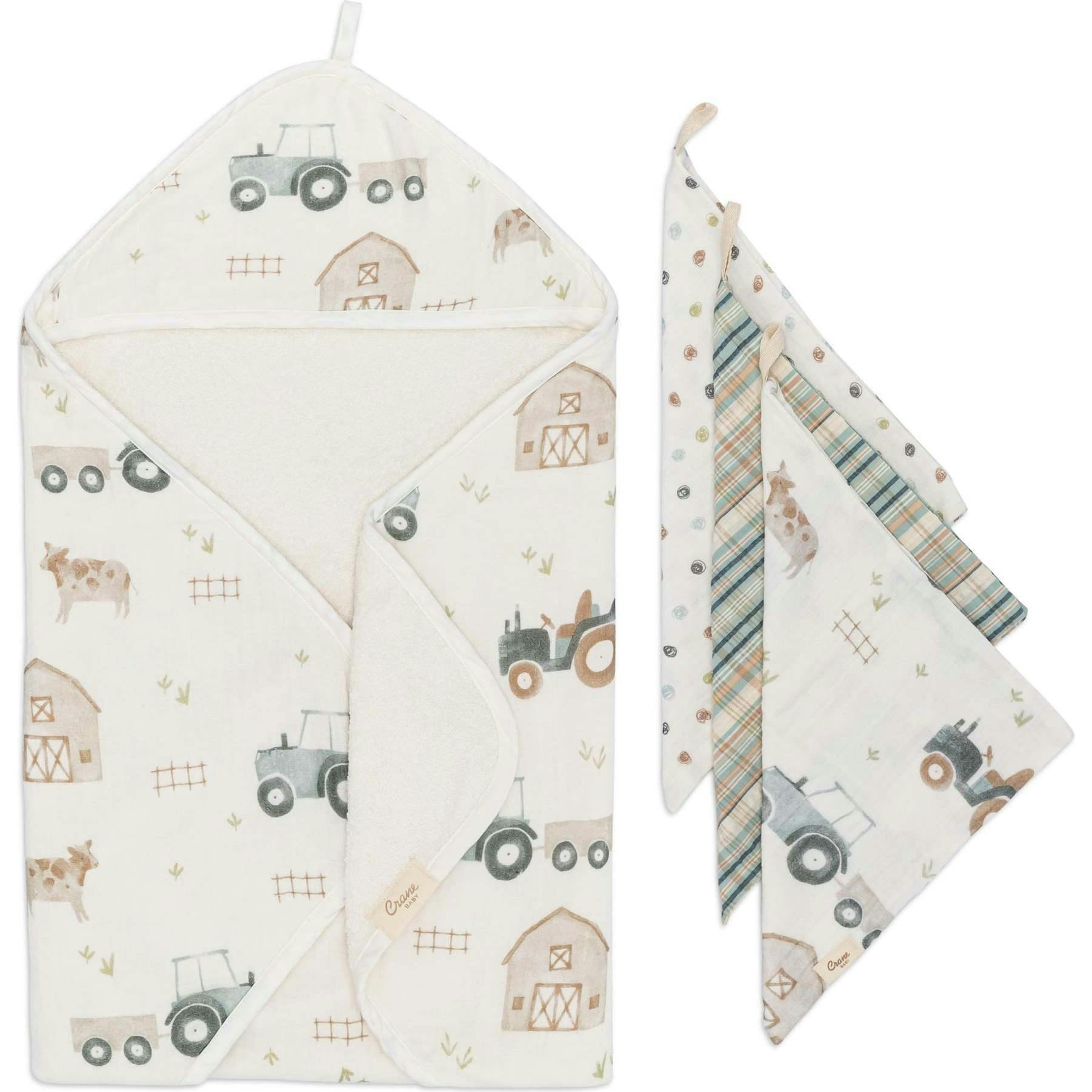 Charlie Farmhouse Tractor Baby Bath Towel & Wash Cloth Set