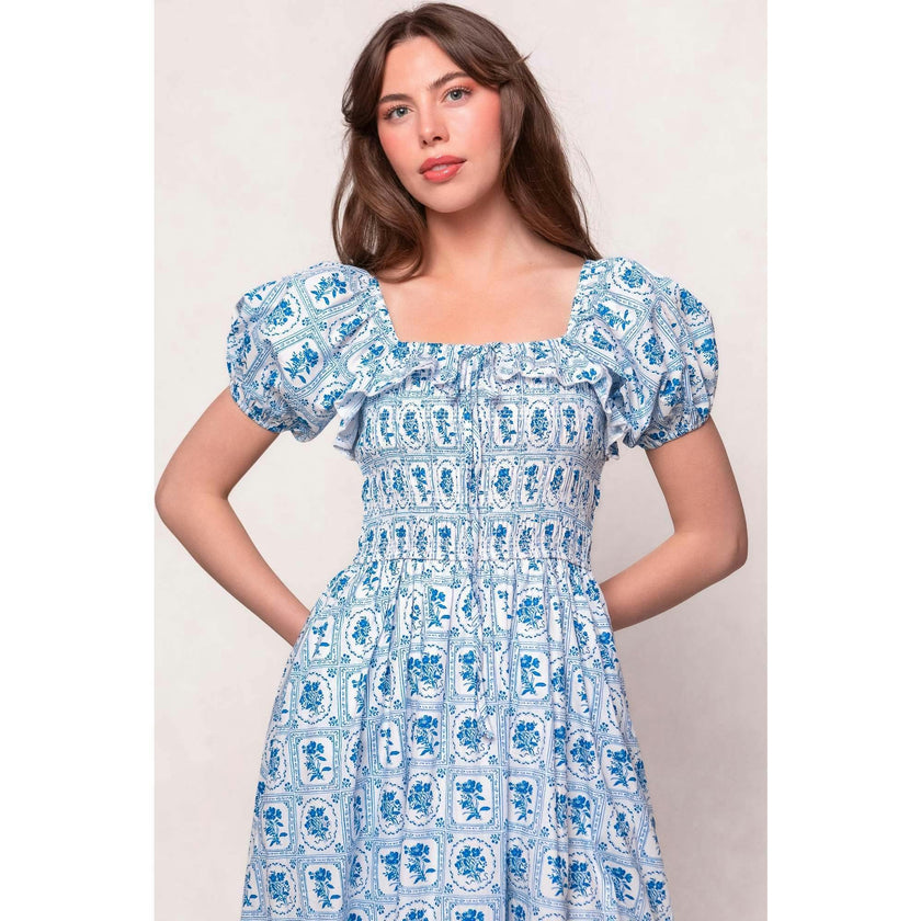 Mae Dress in Blue Floral Stamp
