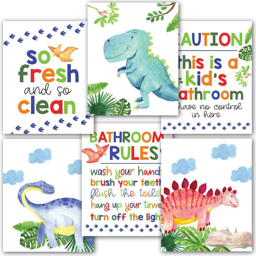 10-Piece Potty Training Charts & 6-Piece Dino Bathroom Wall Art Decor Prints
