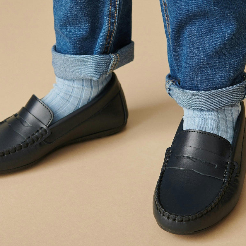 Navy Leather Boy Loafer Shoes