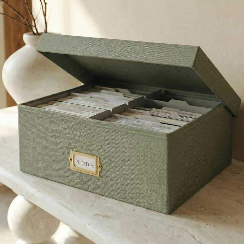Decorative Photo Storage Box - Sturdy Linen Photo Organizer with Dividers - Stores Up to 850 4x6 Photos - Portable Scrapbook Storage Container with Lid