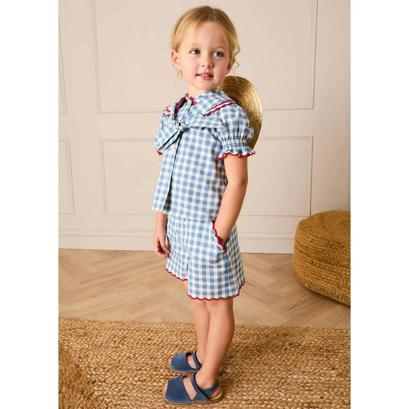 Darby Gingham Scallop Layered Collar Short Sleeve Blouse in Blue (18mths-12yrs)