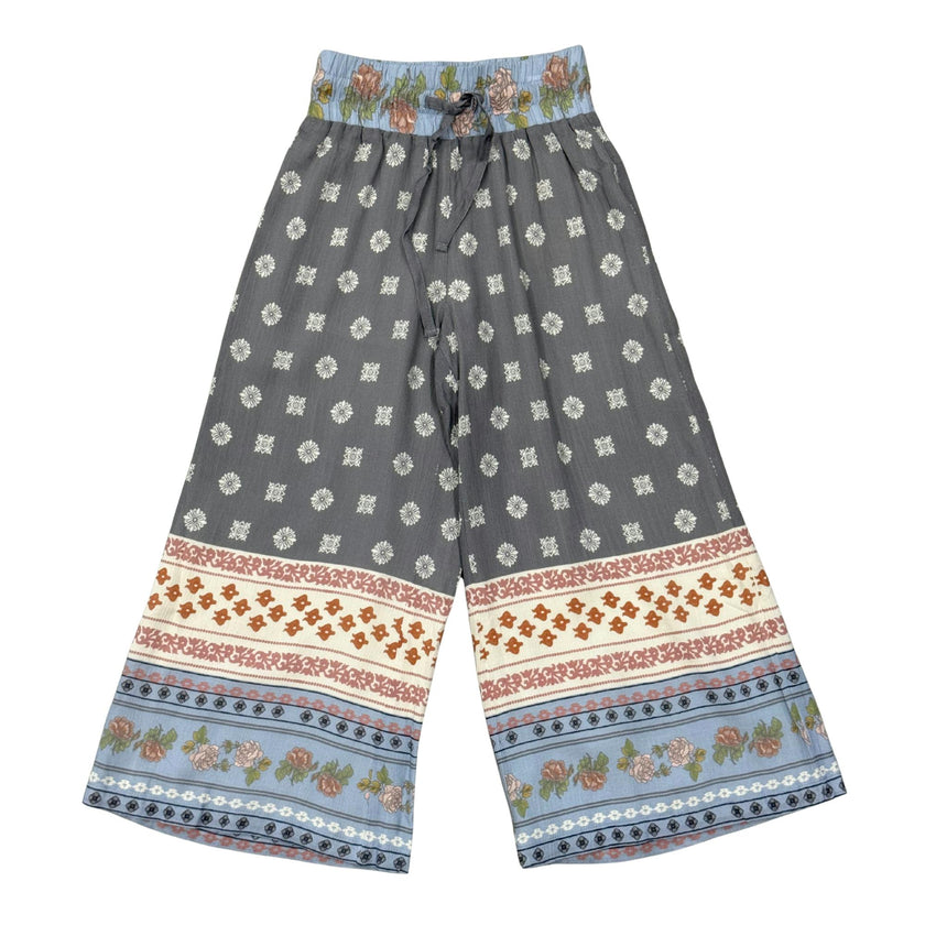 Girls Boho Wide Leg Flowy Pants in Border Print
