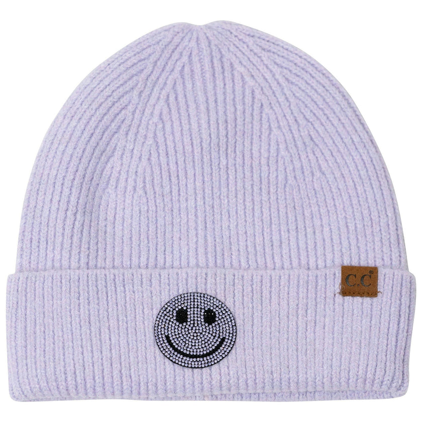 Beanie with Rhinestone Happy Face Patch