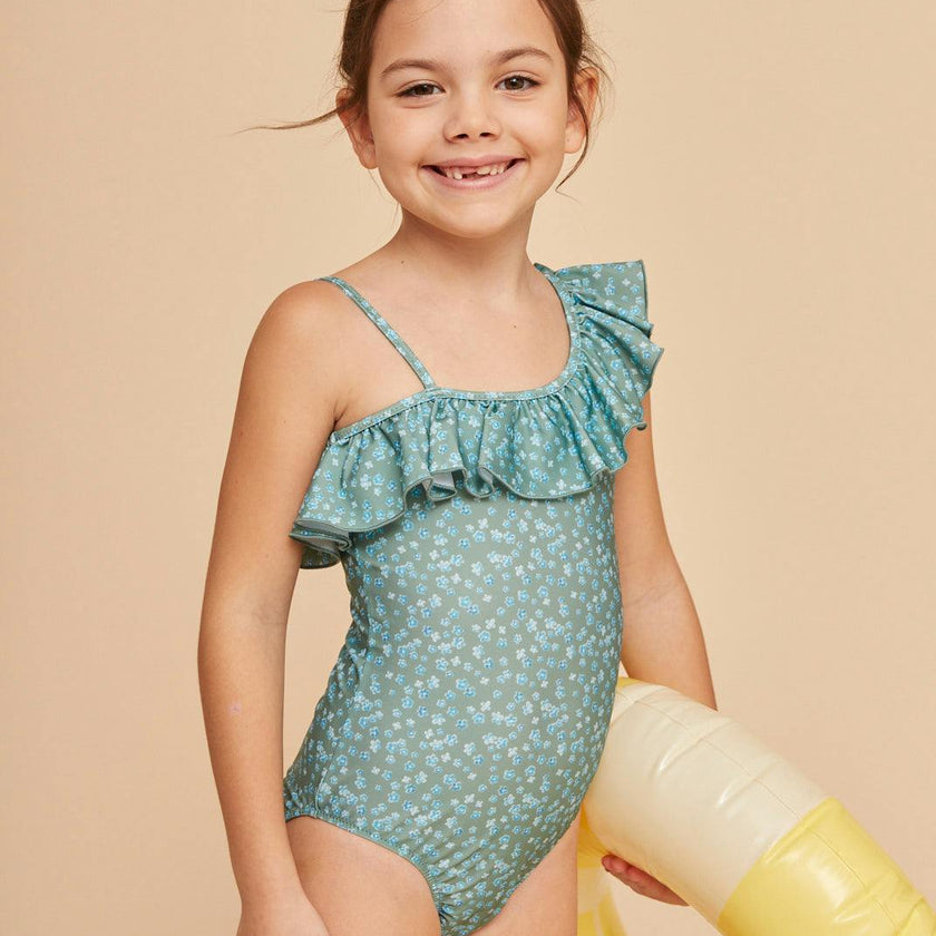 Khaki Flowers Girls' Ruffle Swimsuit