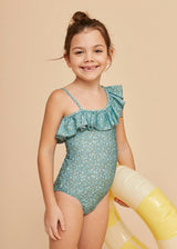 Khaki Flowers Girls' Ruffle Swimsuit