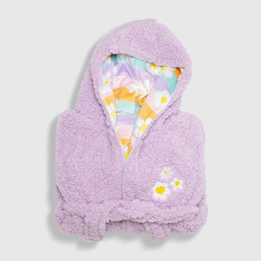 Cozy Switch Robe – Reversible Sherpa & Printed Mink Robe with Appliqué, Happy Daisy Stripes