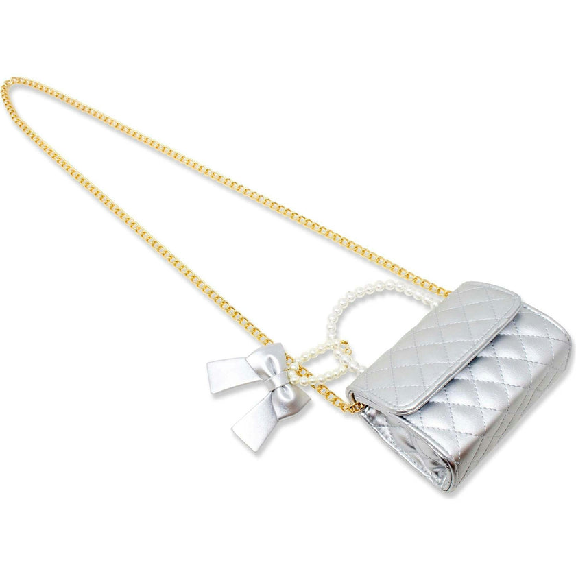 Quilted Pearl Handle Bow Ribbon Handbag