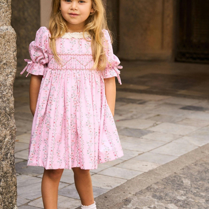Pink Garland Floral Penelope Girl Hand-Smocked Dress